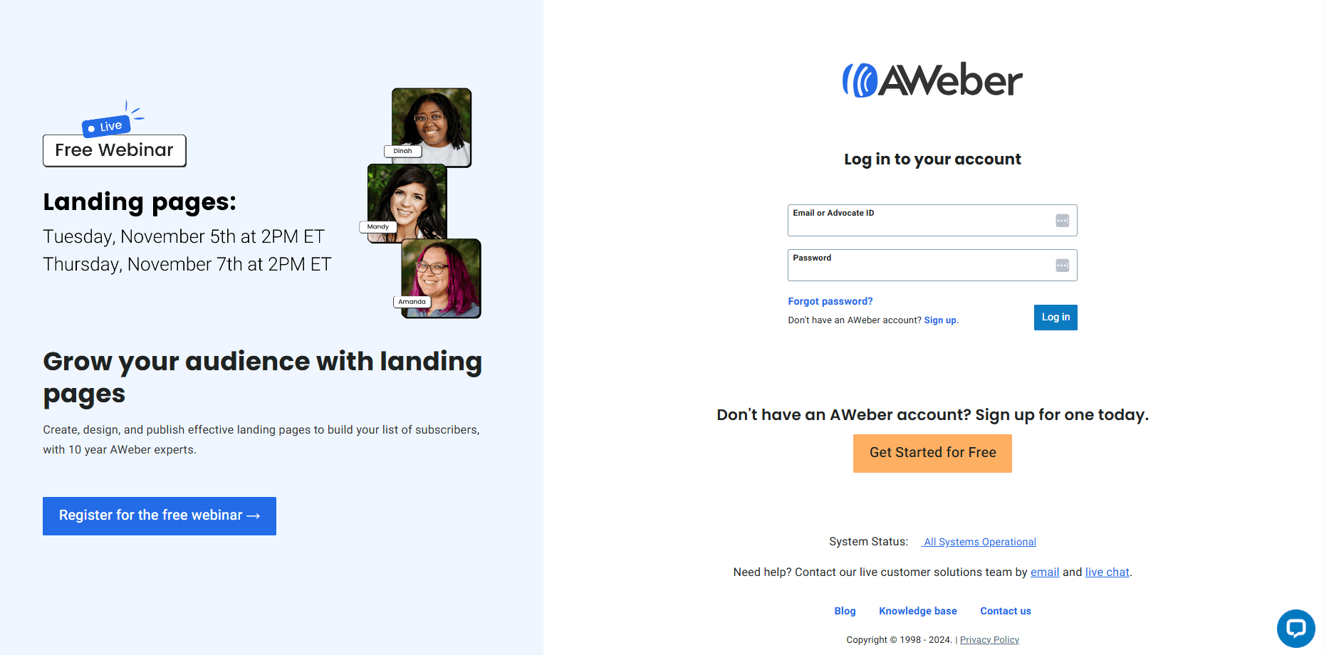 Sign up landing page for Aweber Email Marketing and Automation tool.